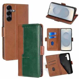 For Samsung Galaxy S25 5G Contrast Color Side Buckle Leather Phone Case(Light Brown + Green)