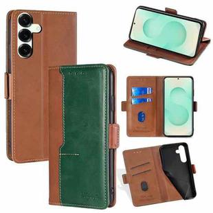 For Samsung Galaxy S25+ 5G Contrast Color Side Buckle Leather Phone Case(Light Brown + Green)
