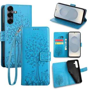 For Samsung Galaxy S25 5G Tree & Deer Embossed Leather Phone Case(Blue)