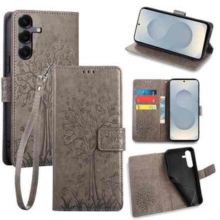 For Samsung Galaxy S25 5G Tree & Deer Embossed Leather Phone Case(Grey)