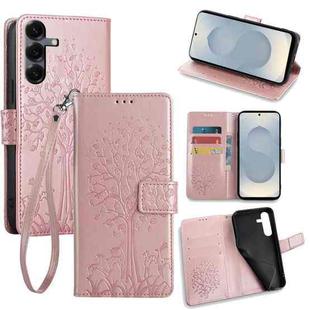 For Samsung Galaxy S25 5G Tree & Deer Embossed Leather Phone Case(Rose Gold)