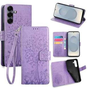 For Samsung Galaxy S25 5G Tree & Deer Embossed Leather Phone Case(Purple)