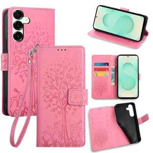 For Samsung Galaxy S25+ 5G Tree & Deer Embossed Leather Phone Case(Pink)