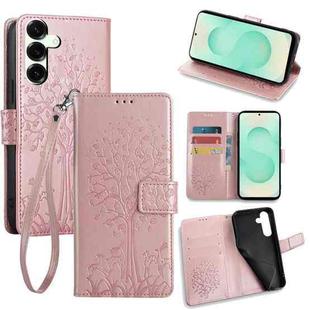 For Samsung Galaxy S25+ 5G Tree & Deer Embossed Leather Phone Case(Rose Gold)