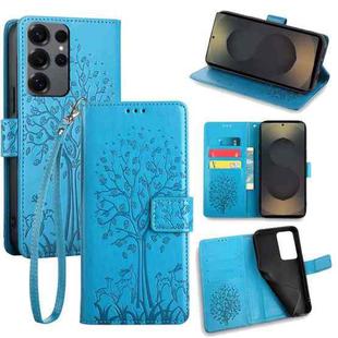 For Samsung Galaxy S25 Ultra 5G Tree & Deer Embossed Leather Phone Case(Blue)