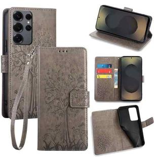 For Samsung Galaxy S25 Ultra 5G Tree & Deer Embossed Leather Phone Case(Grey)
