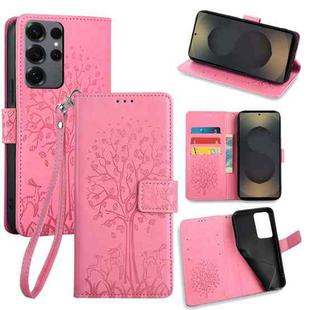 For Samsung Galaxy S25 Ultra 5G Tree & Deer Embossed Leather Phone Case(Pink)