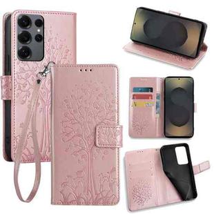For Samsung Galaxy S25 Ultra 5G Tree & Deer Embossed Leather Phone Case(Rose Gold)