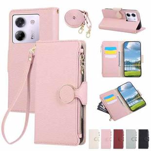 For Xiaomi Poco M7 Pro 5G Round Buckle Zipper Wallet Leather Phone Case with Crossbody Strap(Pink)