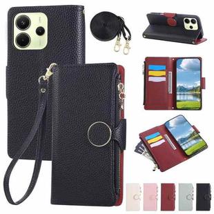 For Redmi Note 14 4G 163.3mm Round Buckle Zipper Wallet Leather Phone Case with Crossbody Strap(Black)
