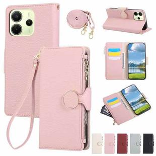For Redmi Note 14 4G 164.8mm Round Buckle Zipper Wallet Leather Phone Case with Crossbody Strap(Pink)