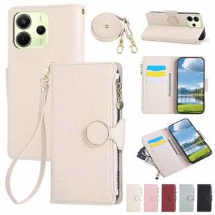For Redmi Note 14 4G 164.8mm Round Buckle Zipper Wallet Leather Phone Case with Crossbody Strap(White)