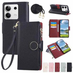 For Redmi Note 13 5G Round Buckle Zipper Wallet Leather Phone Case with Crossbody Strap(Black)