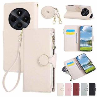 For Redmi 14C 5G Round Buckle Zipper Wallet Leather Phone Case with Crossbody Strap(White)