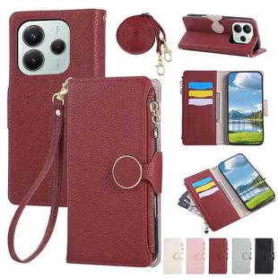 For Redmi Note 14 5G Round Buckle Zipper Wallet Leather Phone Case with Crossbody Strap(Red)