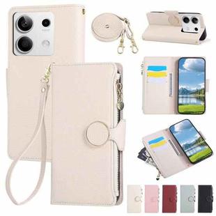 For Redmi Note 13 4G Round Buckle Zipper Wallet Leather Phone Case with Crossbody Strap(White)
