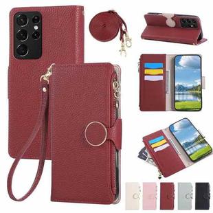 For Samsung Galaxy S21 Ultra 5G Round Buckle Zipper Wallet Leather Phone Case with Crossbody Strap(Red)