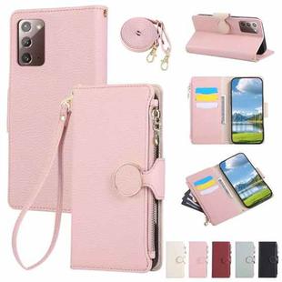 For Samsung Galaxy Note20 Round Buckle Zipper Wallet Leather Phone Case with Crossbody Strap(Pink)
