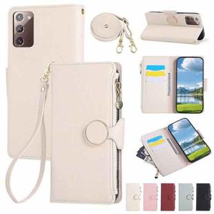 For Samsung Galaxy Note20 Round Buckle Zipper Wallet Leather Phone Case with Crossbody Strap(White)