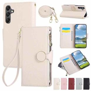 For Samsung Galaxy A55 5G Round Buckle Zipper Wallet Leather Phone Case with Crossbody Strap(White)