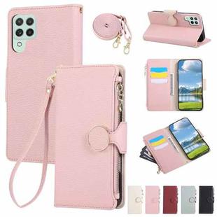 For Samsung Galaxy A22 4G Round Buckle Zipper Wallet Leather Phone Case with Crossbody Strap(Pink)