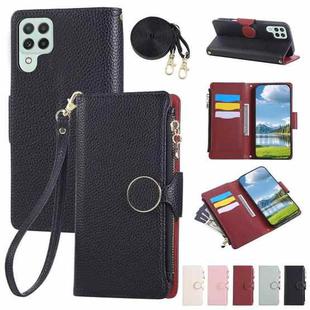 For Samsung Galaxy A22 4G Round Buckle Zipper Wallet Leather Phone Case with Crossbody Strap(Black)