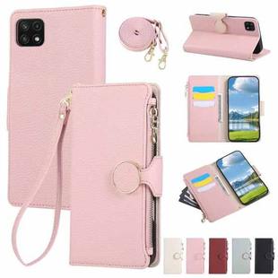 For Samsung Galaxy A22 5G Round Buckle Zipper Wallet Leather Phone Case with Crossbody Strap(Pink)