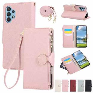 For Samsung Galaxy A32 4G Round Buckle Zipper Wallet Leather Phone Case with Crossbody Strap(Pink)
