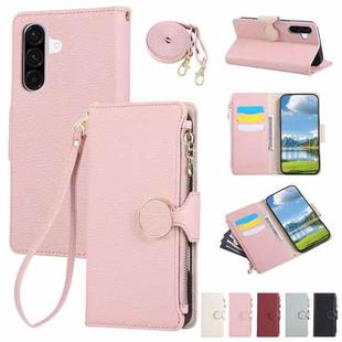 For Samsung Galaxy A56 5G Round Buckle Zipper Wallet Leather Phone Case with Crossbody Strap(Pink)