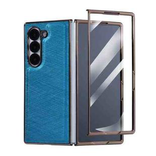 For Samsung Galaxy Z Fold3 5G Bamboo Fiber Texture + Flannel Phone Case with Tempered Film(Blue)