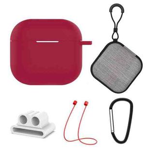 For AirPods 4 5 in 1 Silicone Earphone Protective Case + Earphone Bag + Earphones Buckle + Hook + Anti-lost Rope Set(Wine Red)
