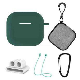 For AirPods 4 5 in 1 Silicone Earphone Protective Case + Earphone Bag + Earphones Buckle + Hook + Anti-lost Rope Set(Midnight Green)