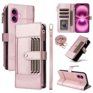 For iPhone 16 Plus Crossbody Strap RFID Blocking Zipper Wallet Leather Phone Case(Rose Gold)