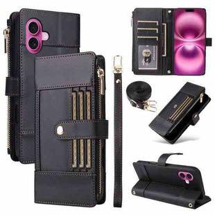 For iPhone 16 Plus Crossbody Strap RFID Blocking Zipper Wallet Leather Phone Case(Black)