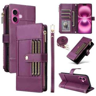 For iPhone 16 Plus Crossbody Strap RFID Blocking Zipper Wallet Leather Phone Case(Purple)