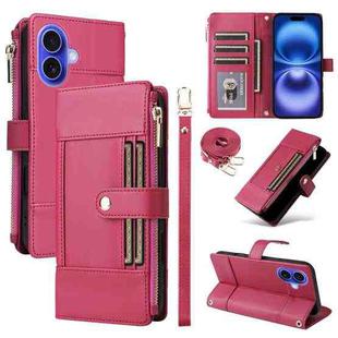 For iPhone 16 Crossbody Strap RFID Blocking Zipper Wallet Leather Phone Case(Red)