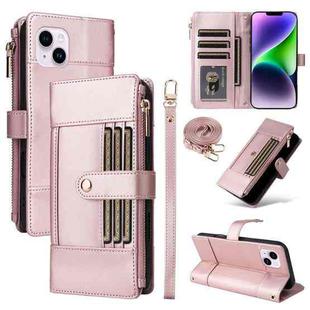 For iPhone 15 Plus Crossbody Strap RFID Blocking Zipper Wallet Leather Phone Case(Rose Gold)