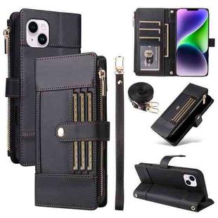 For iPhone 15 Plus Crossbody Strap RFID Blocking Zipper Wallet Leather Phone Case(Black)