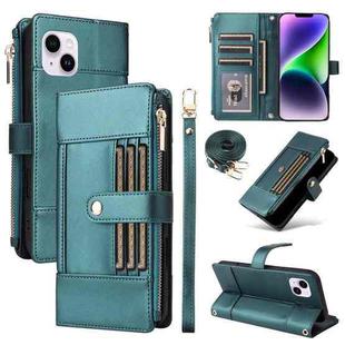 For iPhone 14 Plus Crossbody Strap RFID Blocking Zipper Wallet Leather Phone Case(Green)