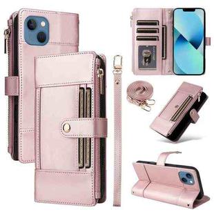 For iPhone 14 / 13 Crossbody Strap RFID Blocking Zipper Wallet Leather Phone Case(Rose Gold)