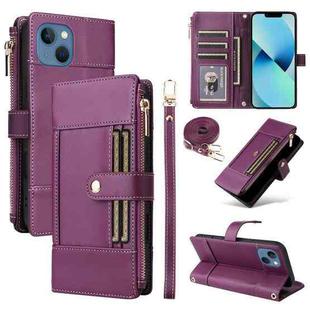 For iPhone 14 / 13 Crossbody Strap RFID Blocking Zipper Wallet Leather Phone Case(Purple)
