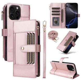 For iPhone 12 Pro Max Crossbody Strap RFID Blocking Zipper Wallet Leather Phone Case(Rose Gold)