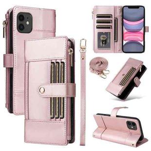 For iPhone 11 Crossbody Strap RFID Blocking Zipper Wallet Leather Phone Case(Rose Gold)