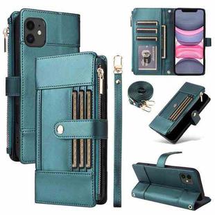 For iPhone 11 Crossbody Strap RFID Blocking Zipper Wallet Leather Phone Case(Green)
