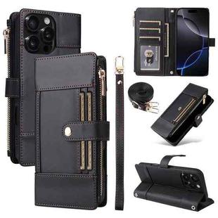 For iPhone 11 Pro Crossbody Strap RFID Blocking Zipper Wallet Leather Phone Case(Black)