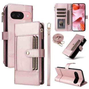 For Google Pixel 9 / 9 Pro Crossbody Strap RFID Blocking Zipper Wallet Leather Phone Case(Rose Gold)