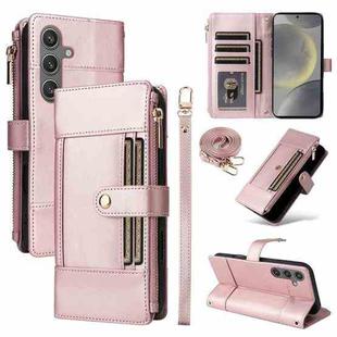For Samsung Galaxy S24 / S25 5G Crossbody Strap RFID Blocking Zipper Wallet Leather Phone Case(Rose Gold)