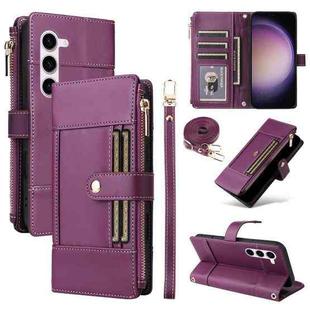 For Samsung Galaxy S23 5G Crossbody Strap RFID Blocking Zipper Wallet Leather Phone Case(Purple)