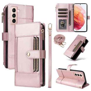 For Samsung Galaxy S21 5G Crossbody Strap RFID Blocking Zipper Wallet Leather Phone Case(Rose Gold)