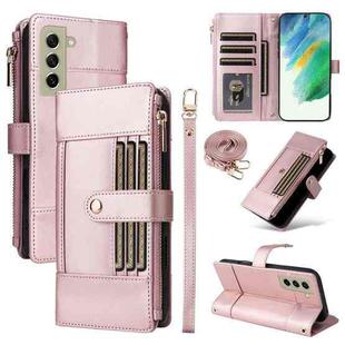 For Samsung Galaxy S21 FE 5G Crossbody Strap RFID Blocking Zipper Wallet Leather Phone Case(Rose Gold)